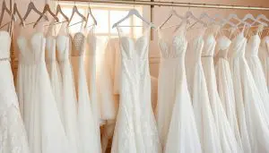 Last minute wedding gowns on a rack for you to purchase